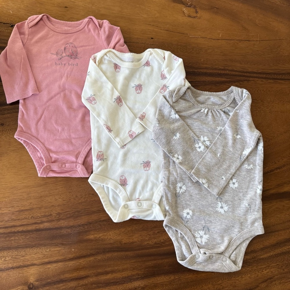 Just One Long Sleeve Bodysuits Set of 3 - Pink, Cream, Gray Owl and Floral 9M
